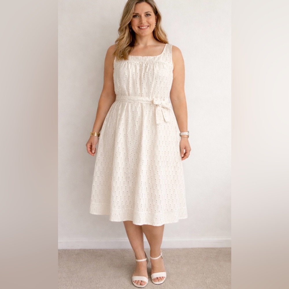 Liz Claiborne Cotton Eyelet Belted Midi Dress with Pockets Sz 12 Graduation